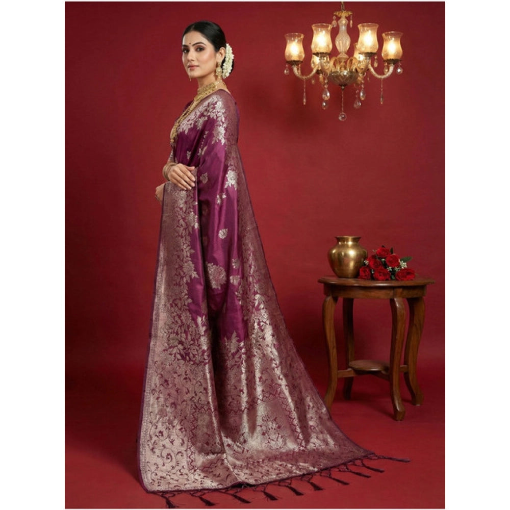 Women's Silk Blend Printed Saree With Unstitched Blouse 5.5 Mtr (Purple)