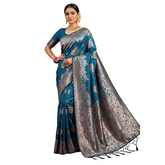 Women's Silk Blend Printed Saree With Unstitched Blouse 5.5m (Teal Blue)