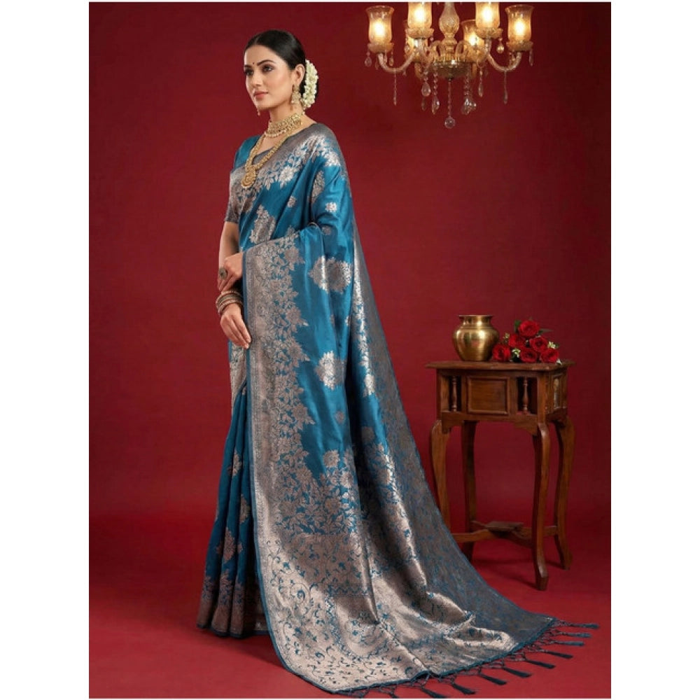Women's Silk Blend Printed Saree With Unstitched Blouse 5.5 Mtr (Teal Blue)
