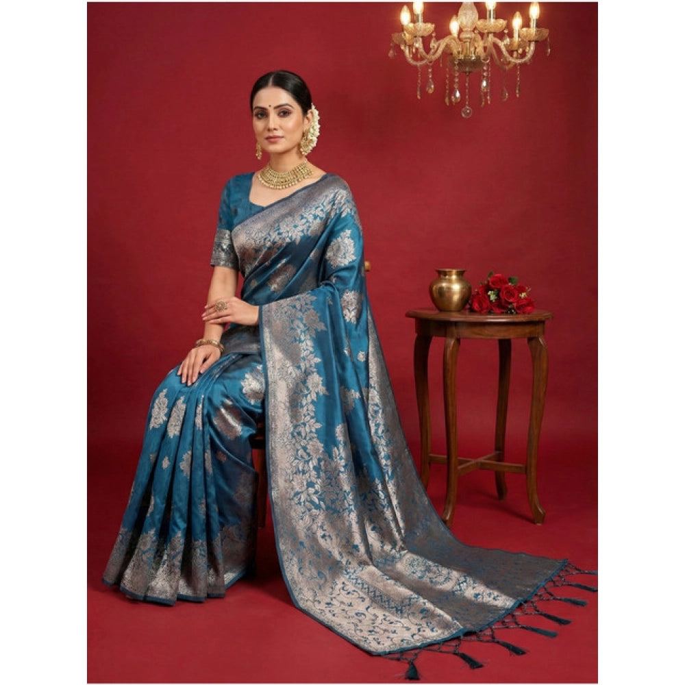 Women's Silk Blend Printed Saree With Unstitched Blouse 5.5 Mtr (Teal Blue)