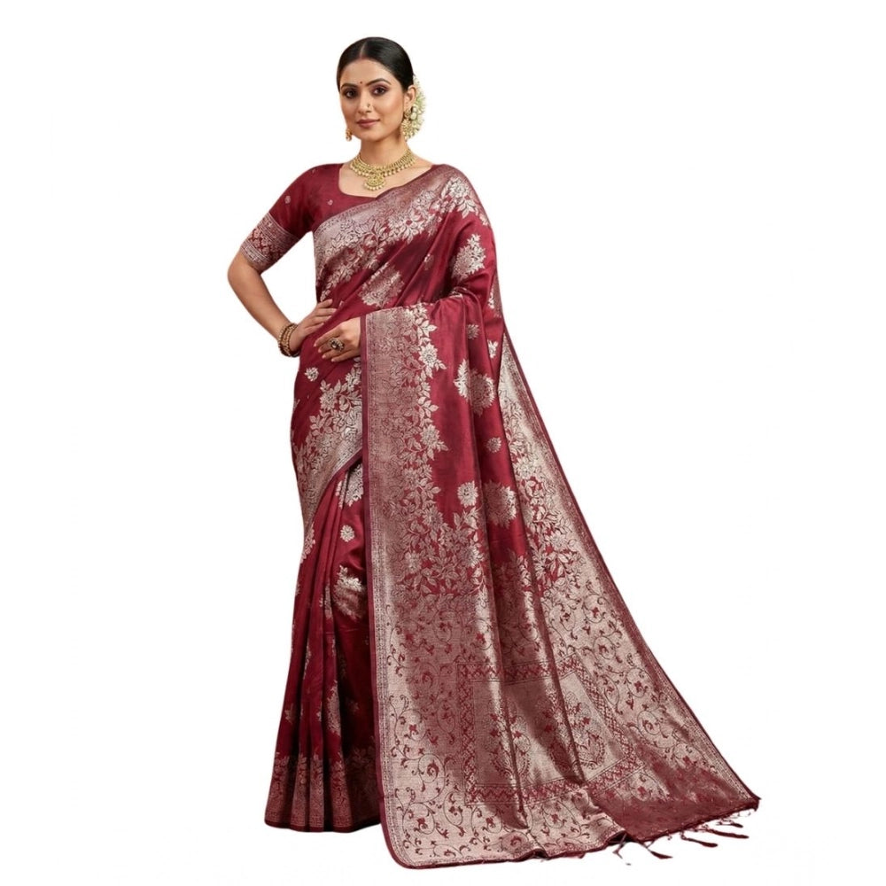 Women's Silk Blend Printed Saree With Unstitched Blouse 5.5 Mtr (Maroon)