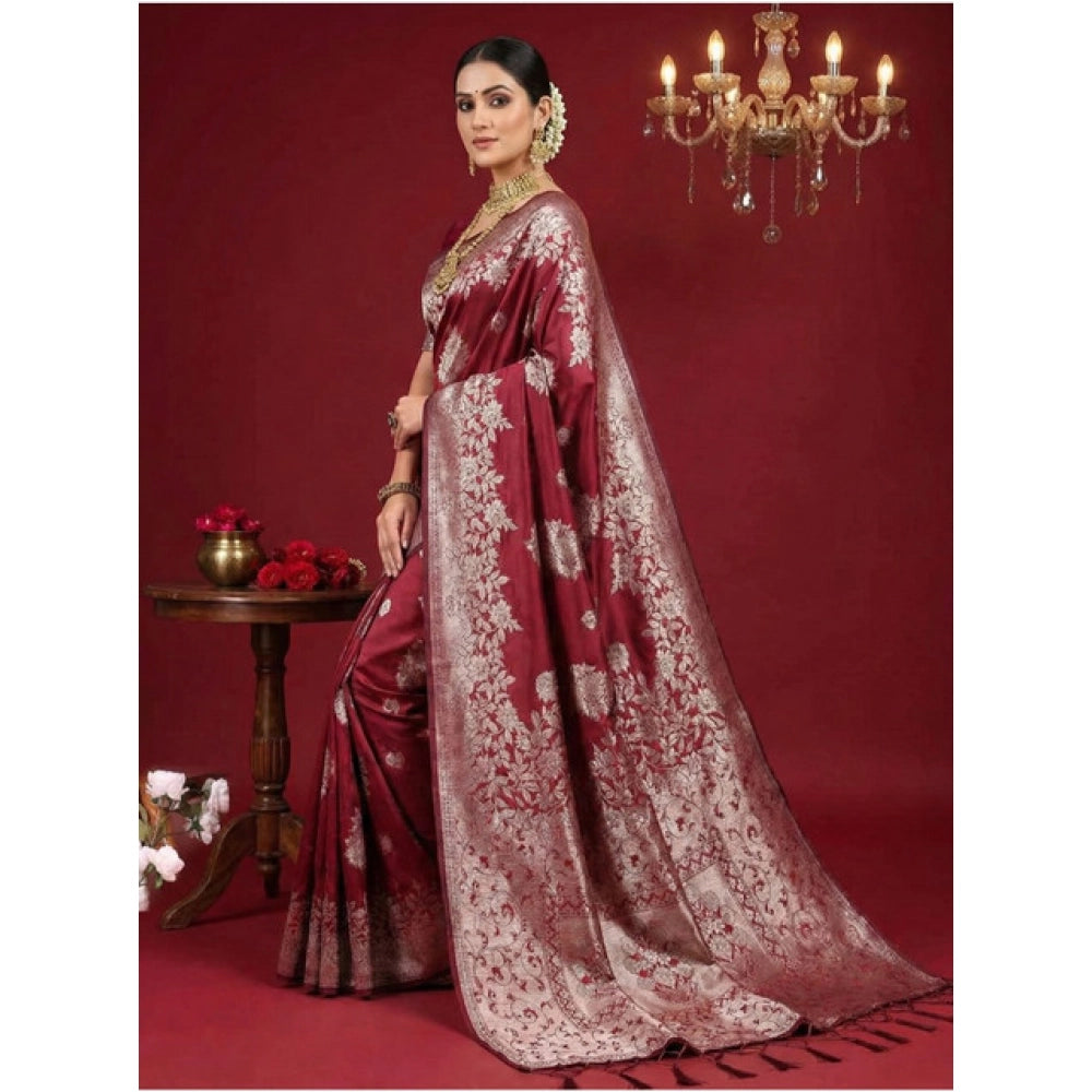 Women's Silk Blend Printed Saree With Unstitched Blouse 5.5 Mtr (Maroon)