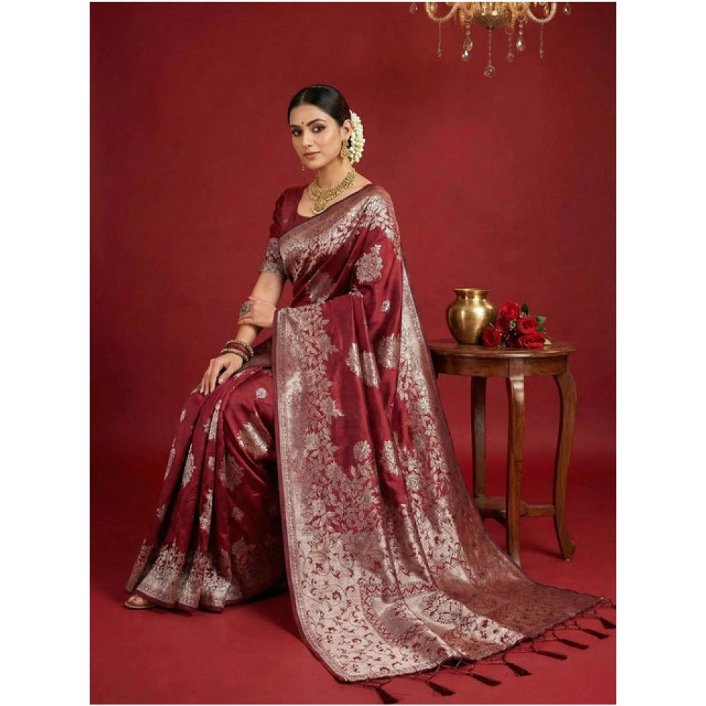 Women's Silk Blend Printed Saree With Unstitched Blouse 5.5 Mtr (Maroon)