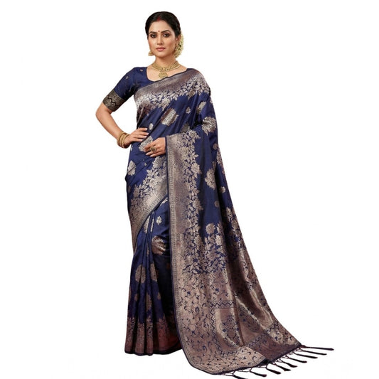 Women's Silk Blend Printed Saree With Unstitched Blouse 5.5m (Navy Blue)