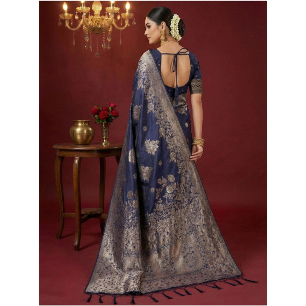 Women's Silk Blend Printed Saree With Unstitched Blouse 5.5 Mtr (Navy Blue)