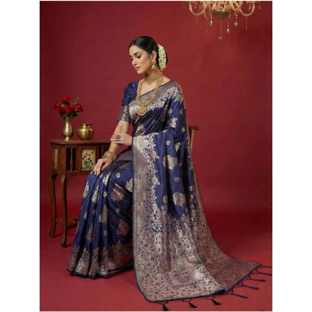 Women's Silk Blend Printed Saree With Unstitched Blouse 5.5 Mtr (Navy Blue)