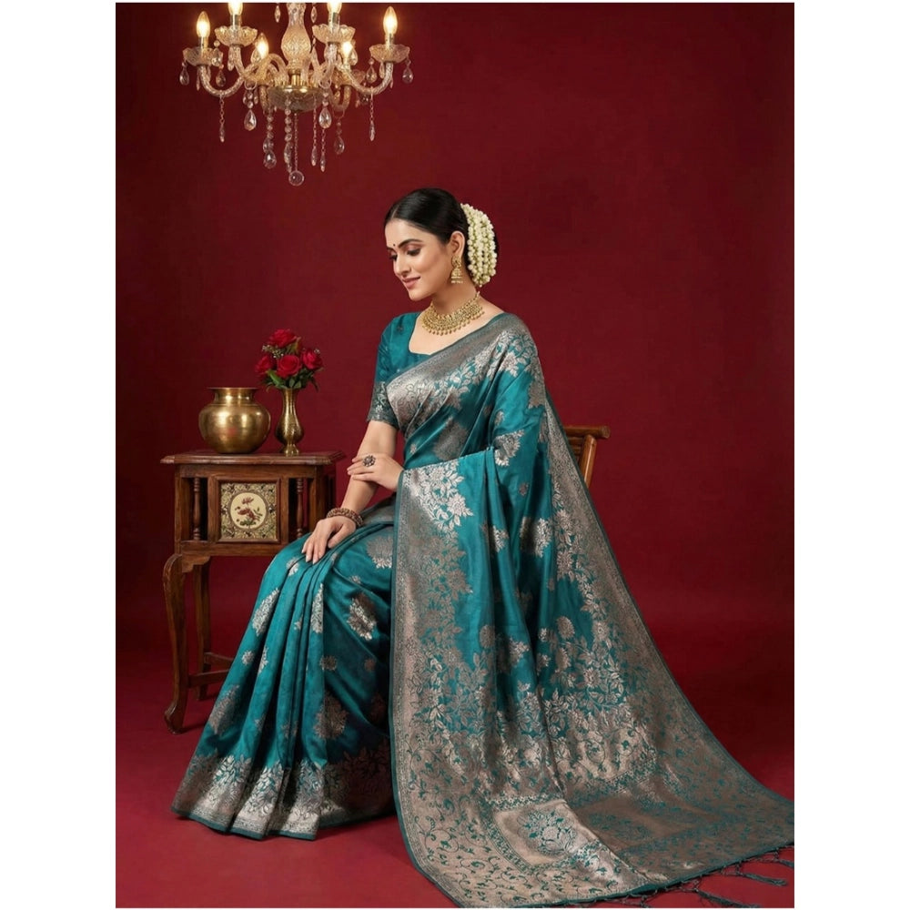 Women's Silk Blend Printed Saree With Unstitched Blouse 5.5 Mtr (Sea Green)