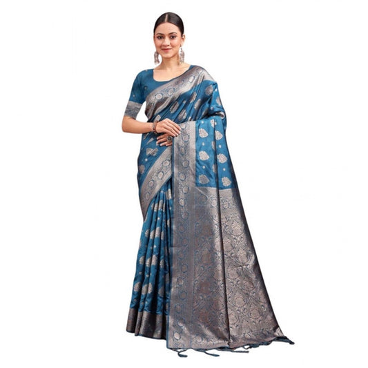 Women's Banarasi Silk Printed Saree With Unstitched Blouse 5.5m (Teal Blue)