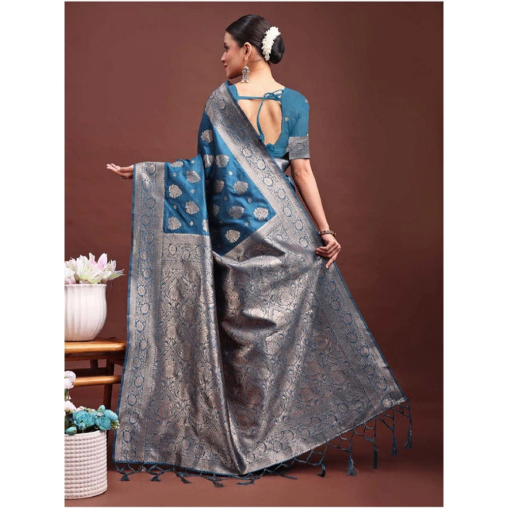 Women's Banarasi Silk Printed Saree With Unstitched Blouse 5.5 Mtr (Teal Blue)