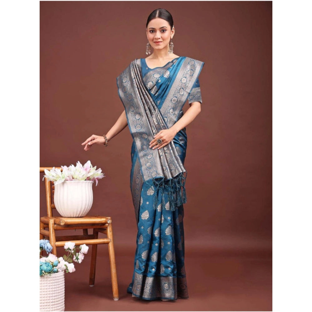 Women's Banarasi Silk Printed Saree With Unstitched Blouse 5.5 Mtr (Teal Blue)