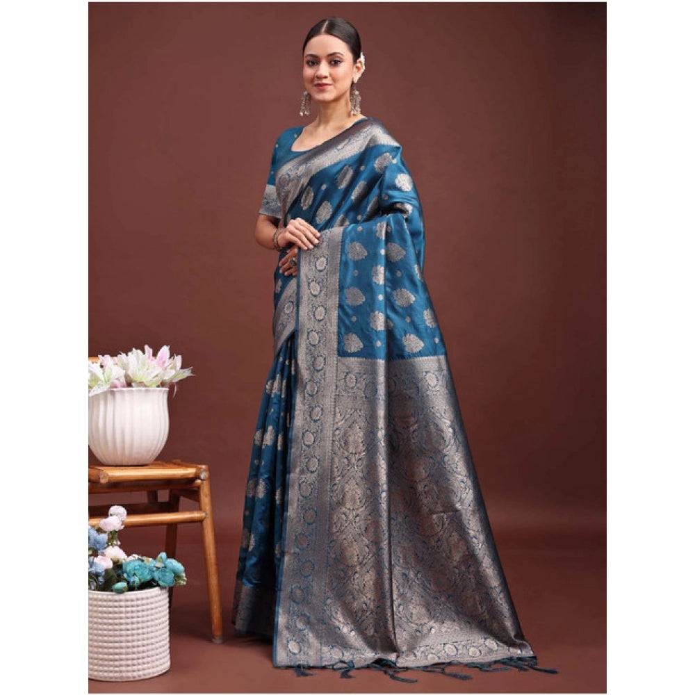 Women's Banarasi Silk Printed Saree With Unstitched Blouse 5.5 Mtr (Teal Blue)