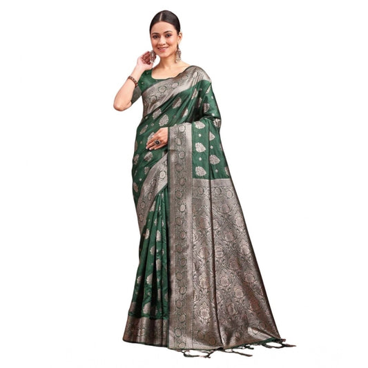 Women's Banarasi Silk Printed Saree With Unstitched Blouse 5.5m (Dark Green)