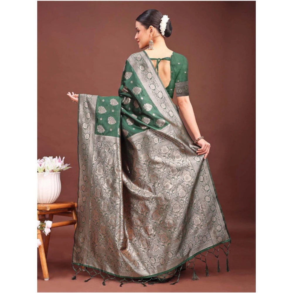 Women's Banarasi Silk Printed Saree With Unstitched Blouse 5.5 Mtr (Dark Green)