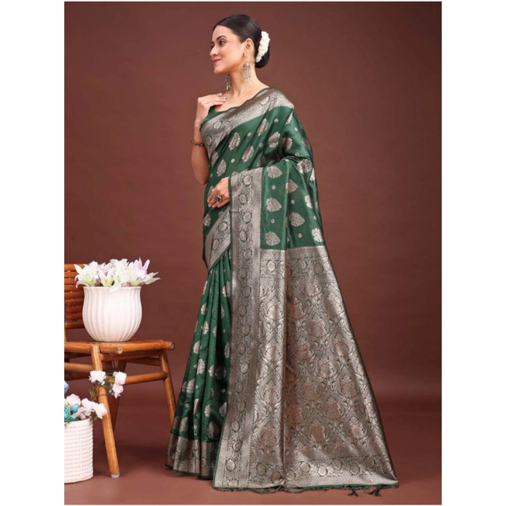 Women's Banarasi Silk Printed Saree With Unstitched Blouse 5.5 Mtr (Dark Green)