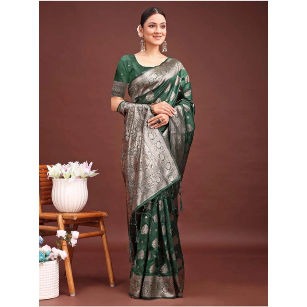 Women's Banarasi Silk Printed Saree With Unstitched Blouse 5.5 Mtr (Dark Green)