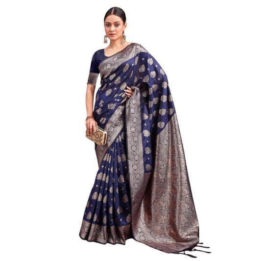 Women's Banarasi Silk Printed Saree With Unstitched Blouse 5.5m (Navy Blue)