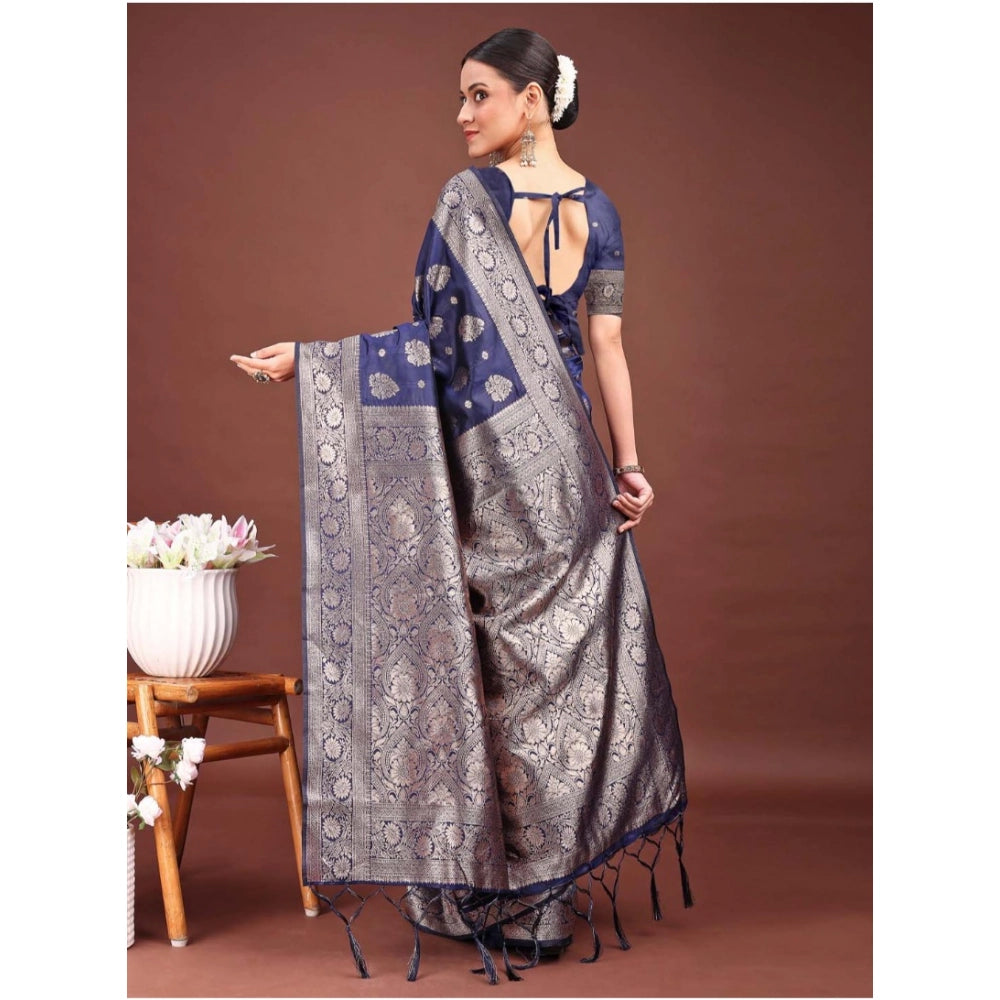 Women's Banarasi Silk Printed Saree With Unstitched Blouse 5.5 Mtr (Navy Blue)