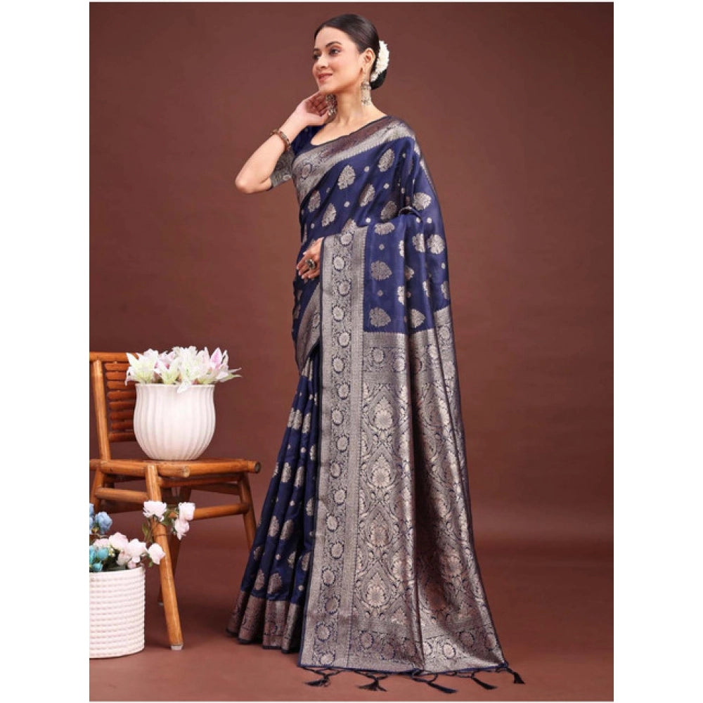 Women's Banarasi Silk Printed Saree With Unstitched Blouse 5.5 Mtr (Navy Blue)