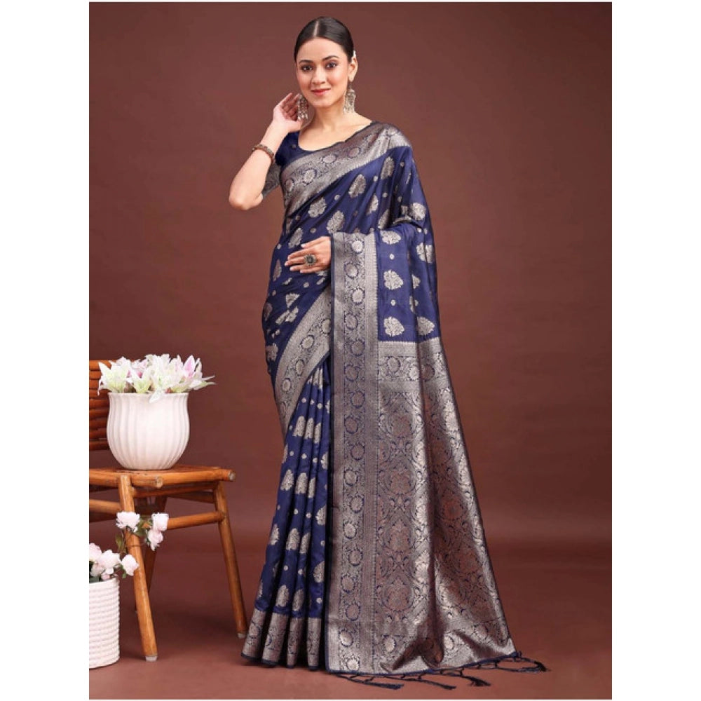 Women's Banarasi Silk Printed Saree With Unstitched Blouse 5.5 Mtr (Navy Blue)