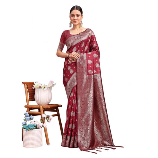 Women's Banarasi Silk Printed Saree With Unstitched Blouse 5.5m (Maroon)