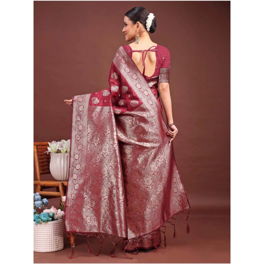 Women's Banarasi Silk Printed Saree With Unstitched Blouse 5.5 Mtr (Maroon)