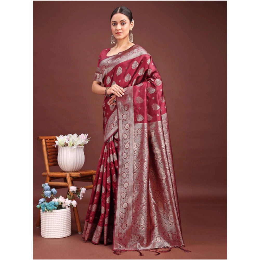 Women's Banarasi Silk Printed Saree With Unstitched Blouse 5.5 Mtr (Maroon)
