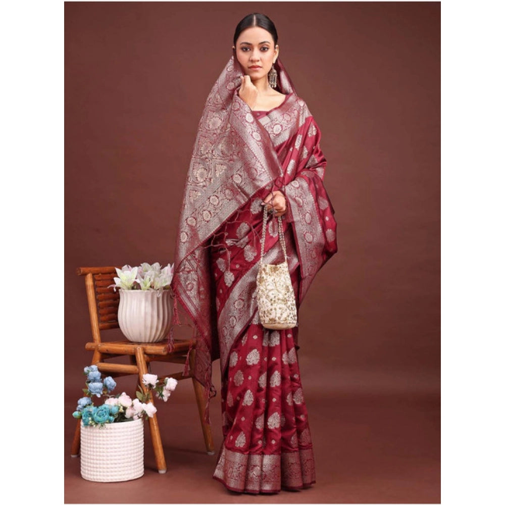 Women's Banarasi Silk Printed Saree With Unstitched Blouse 5.5 Mtr (Maroon)