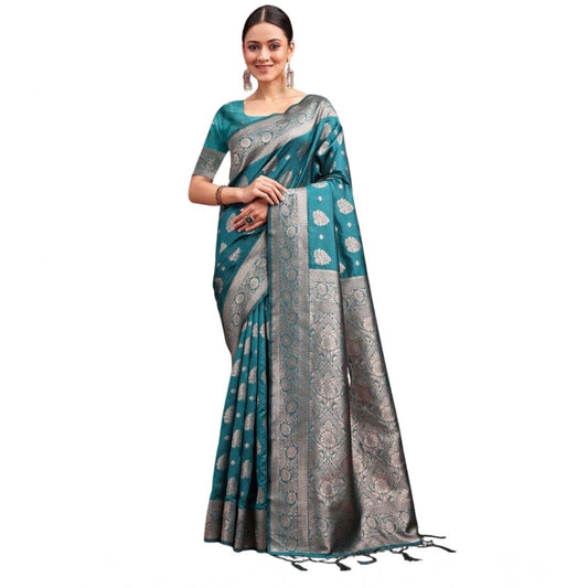 Women's Banarasi Silk Printed Saree With Unstitched Blouse 5.5m (Sea Green)