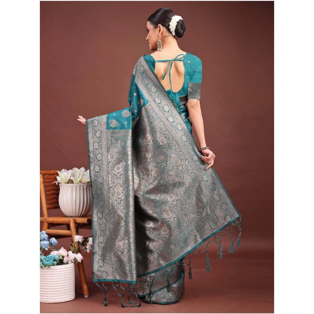 Women's Banarasi Silk Printed Saree With Unstitched Blouse 5.5 Mtr (Sea Green)