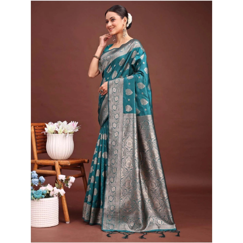 Women's Banarasi Silk Printed Saree With Unstitched Blouse 5.5 Mtr (Sea Green)