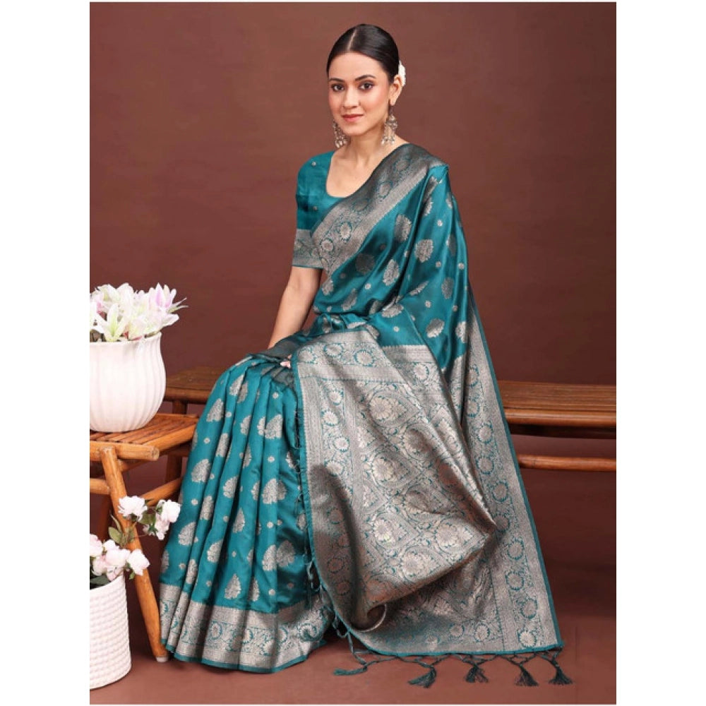 Women's Banarasi Silk Printed Saree With Unstitched Blouse 5.5 Mtr (Sea Green)