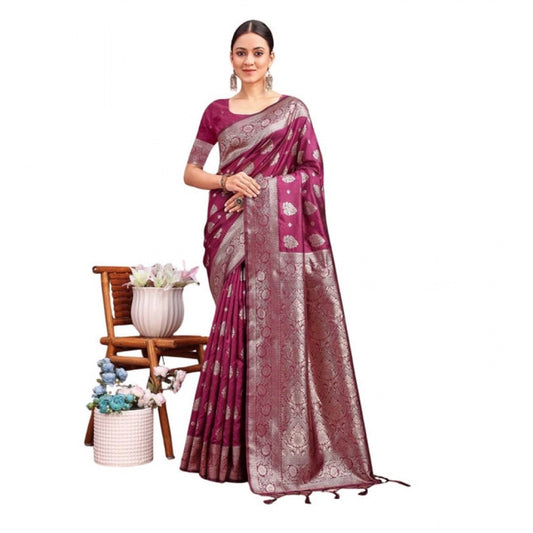 Women's Banarasi Silk Printed Saree With Unstitched Blouse 5.5m (Purple)