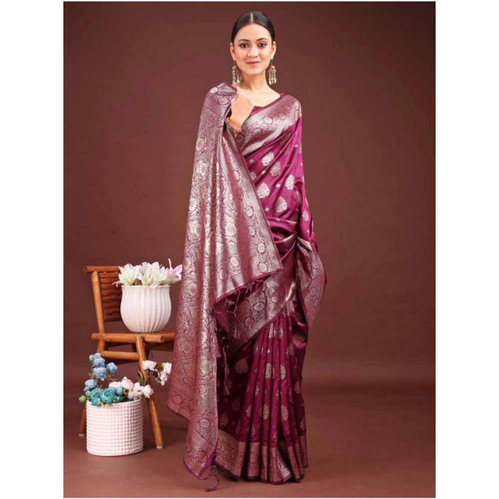 Women's Banarasi Silk Printed Saree With Unstitched Blouse 5.5 Mtr (Purple)