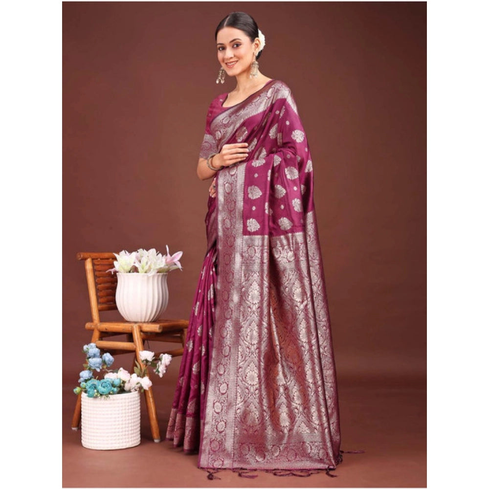 Women's Banarasi Silk Printed Saree With Unstitched Blouse 5.5 Mtr (Purple)