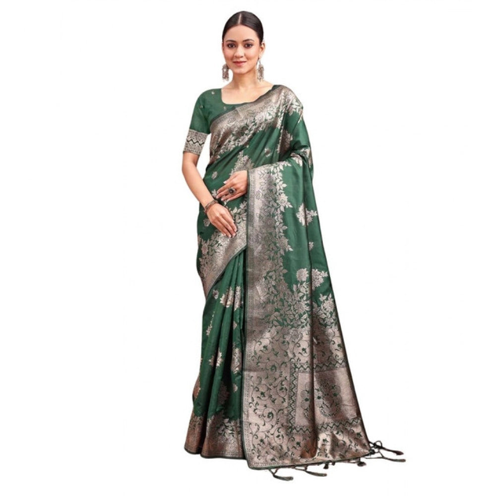 Women's Banarasi Silk Printed Saree With Unstitched Blouse 5.5 Mtr (Dark Green)