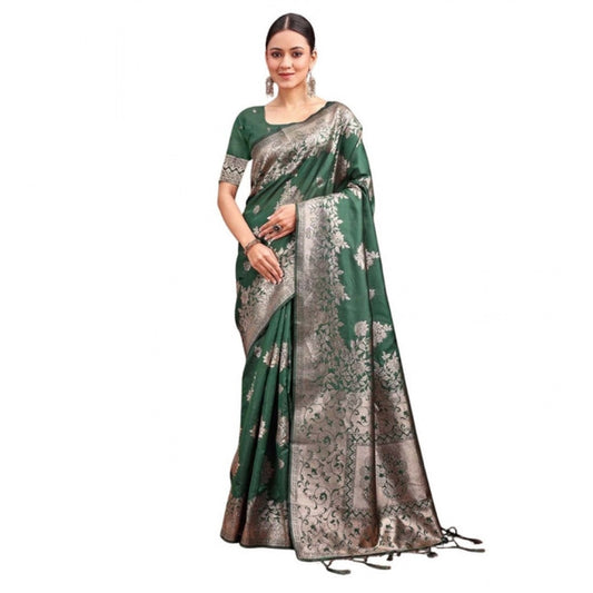 Women's Banarasi Silk Printed Saree With Unstitched Blouse 5.5m (Dark Green)
