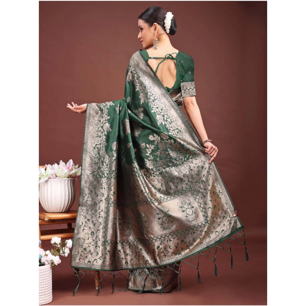 Women's Banarasi Silk Printed Saree With Unstitched Blouse 5.5 Mtr (Dark Green)