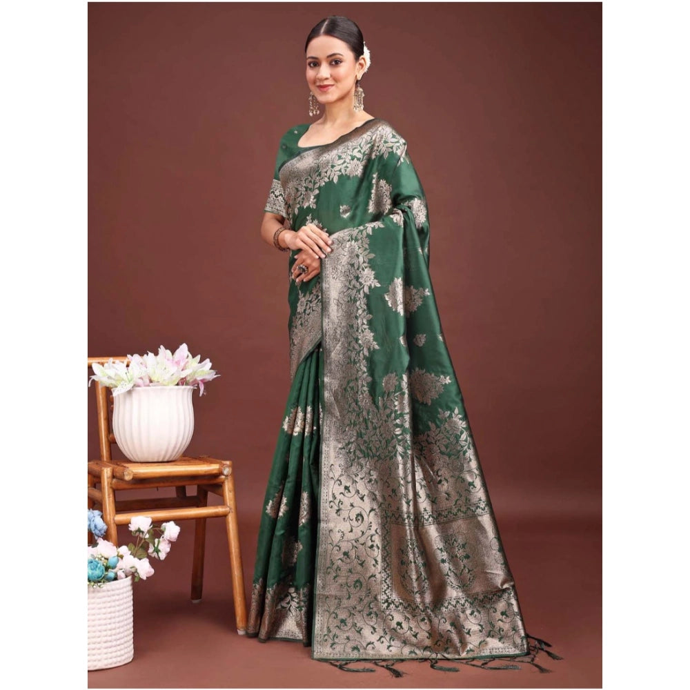 Women's Banarasi Silk Printed Saree With Unstitched Blouse 5.5 Mtr (Dark Green)