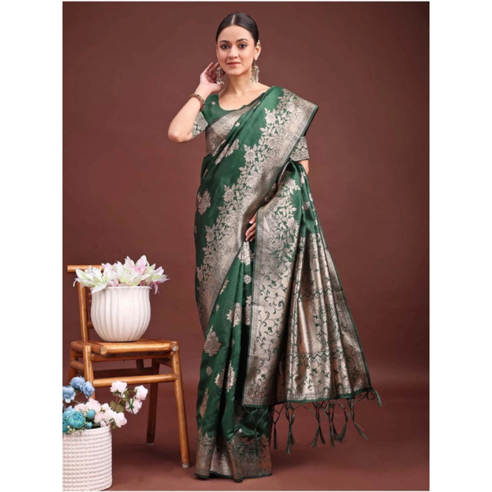 Women's Banarasi Silk Printed Saree With Unstitched Blouse 5.5 Mtr (Dark Green)