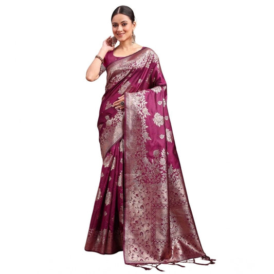 Women's Banarasi Silk Printed Saree With Unstitched Blouse 5.5m (Purple)