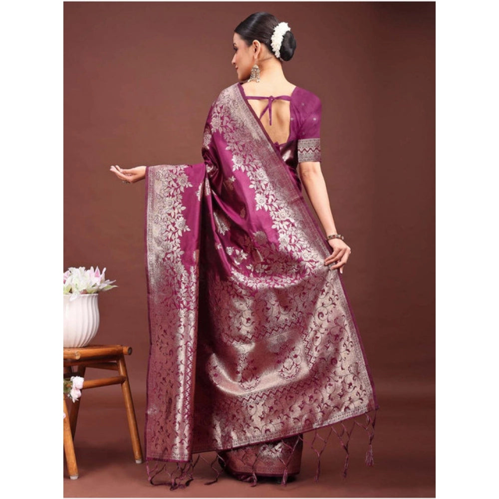 Women's Banarasi Silk Printed Saree With Unstitched Blouse 5.5 Mtr (Purple)