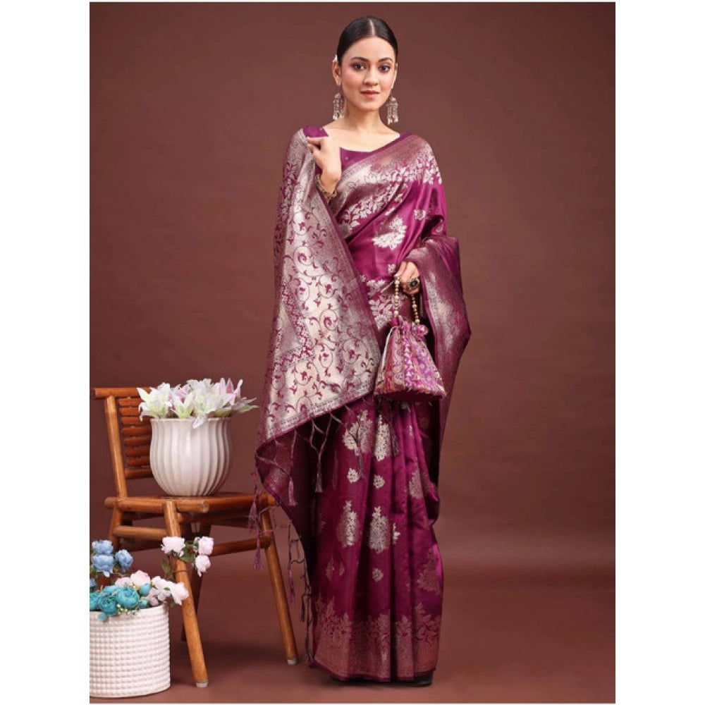 Women's Banarasi Silk Printed Saree With Unstitched Blouse 5.5 Mtr (Purple)