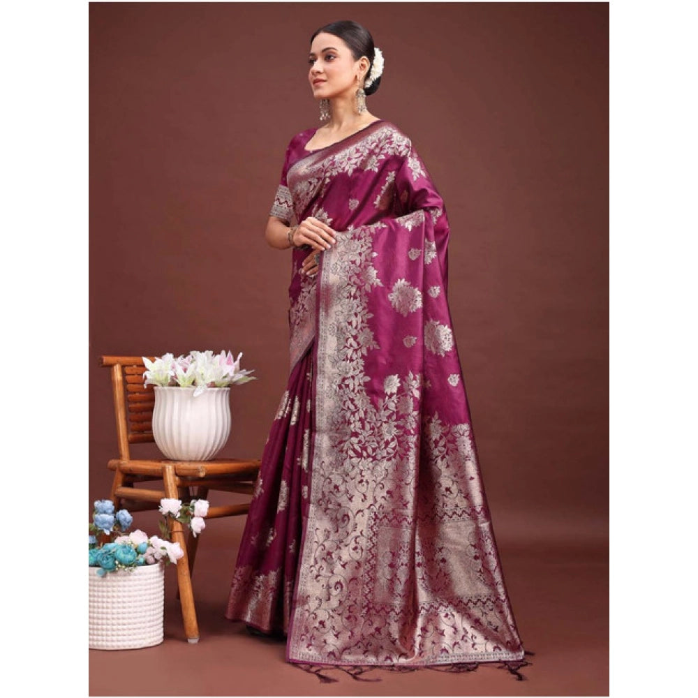 Women's Banarasi Silk Printed Saree With Unstitched Blouse 5.5 Mtr (Purple)