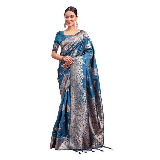 Women's Banarasi Silk Printed Saree With Unstitched Blouse 5.5m (Teal Blue)