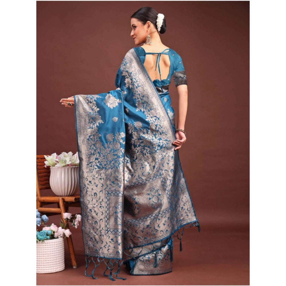 Women's Banarasi Silk Printed Saree With Unstitched Blouse 5.5 Mtr (Teal Blue)