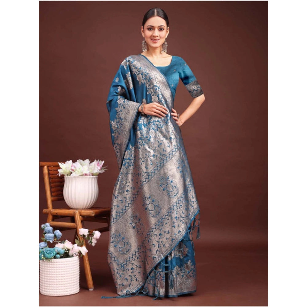 Women's Banarasi Silk Printed Saree With Unstitched Blouse 5.5 Mtr (Teal Blue)
