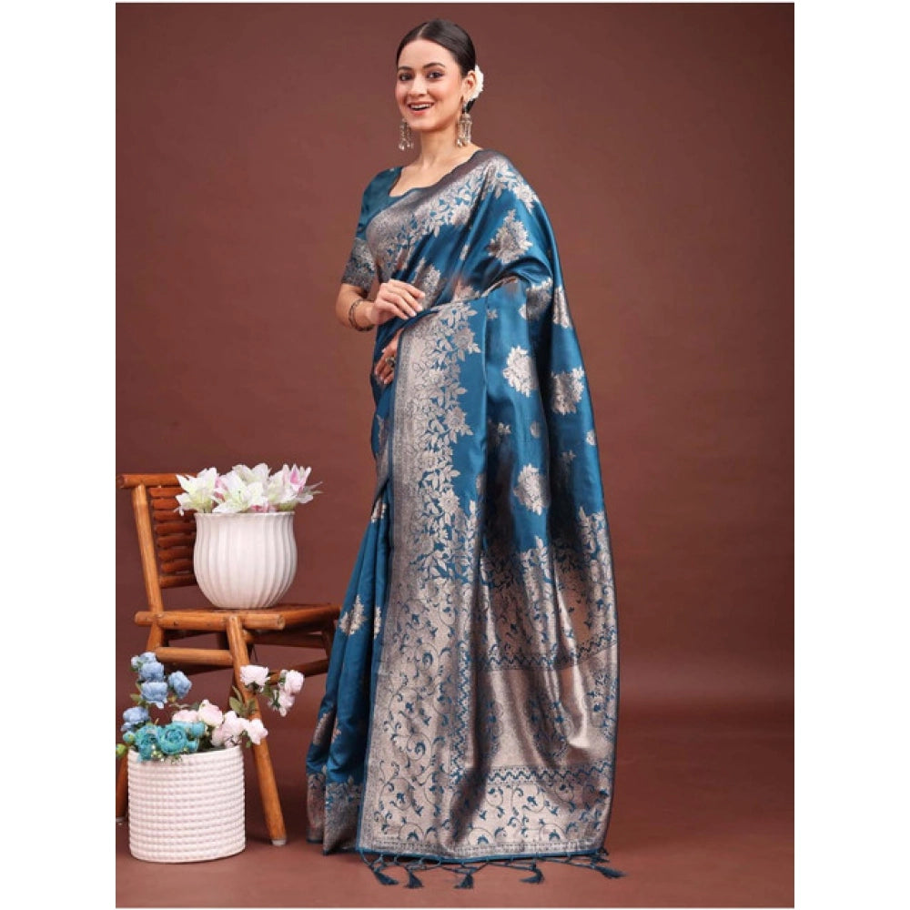 Women's Banarasi Silk Printed Saree With Unstitched Blouse 5.5 Mtr (Teal Blue)