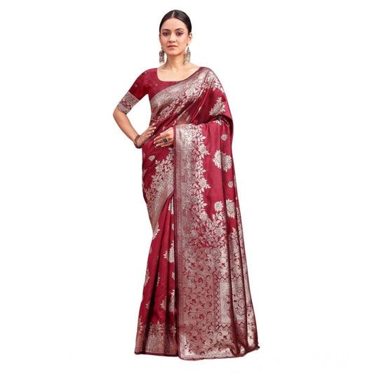 Women's Banarasi Silk Printed Saree With Unstitched Blouse 5.5m (Maroon)