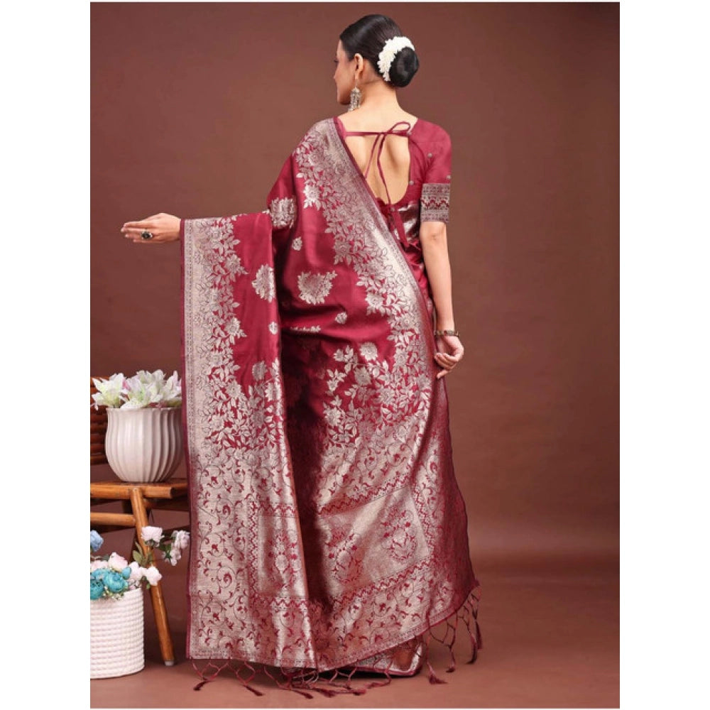Women's Banarasi Silk Printed Saree With Unstitched Blouse 5.5 Mtr (Maroon)