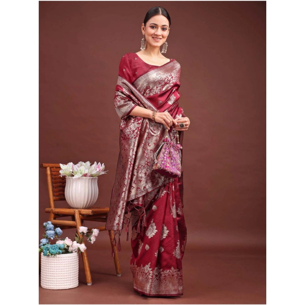 Women's Banarasi Silk Printed Saree With Unstitched Blouse 5.5 Mtr (Maroon)